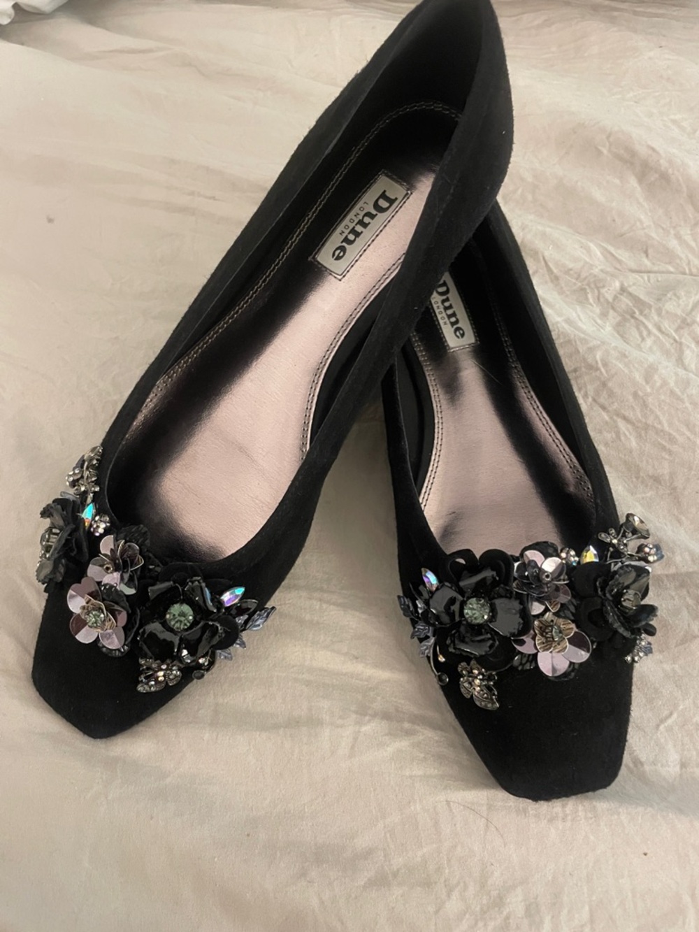 DUNE OF LONDON HAVANNA flower garden ballet flats black suede embellished 8 1/2